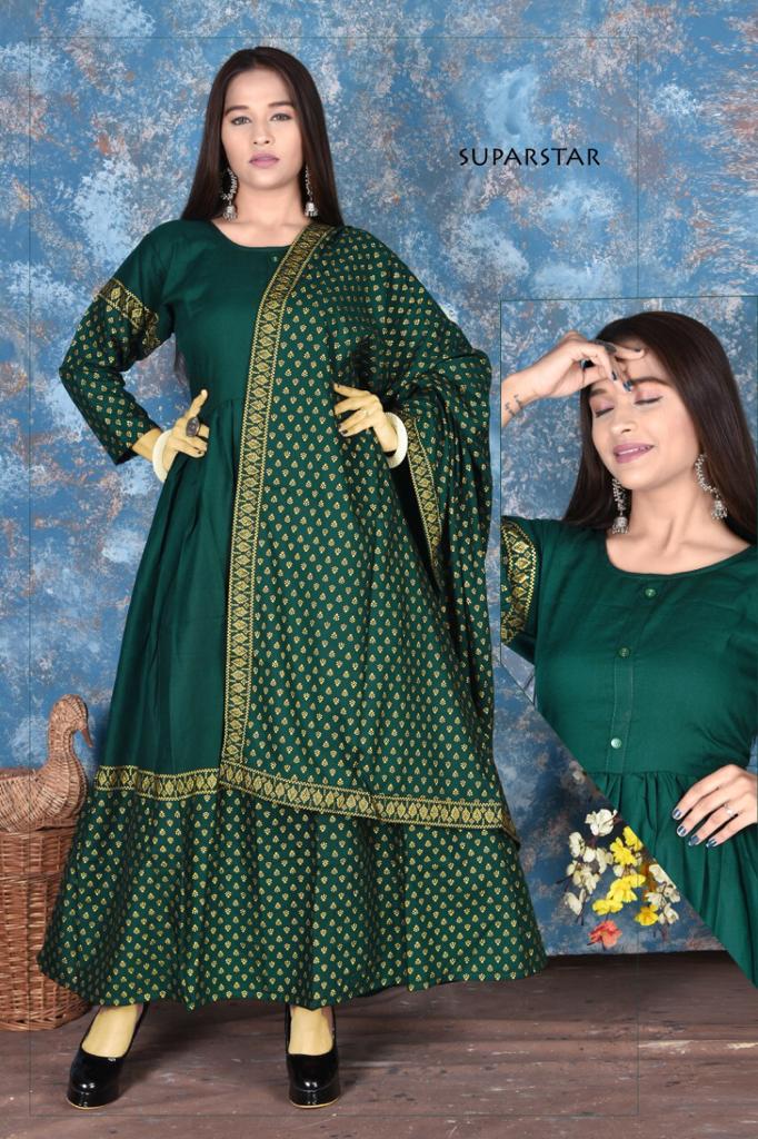 Ss Kurtis Super Star Shine Heavy Art Festive Wear Fancy Designer Printed Rayon Anarkali Kurtis With Dupatta Collection
